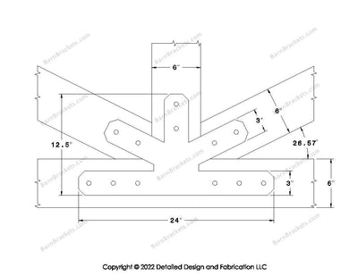 Fan Brackets for 6 inch beams - 3 inch Wide centered joint - Chamfered - Centered style holes - BarnBrackets.com