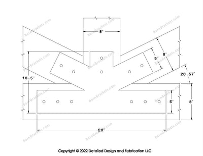 Fan Brackets for 8 inch beams - 5 inch Wide centered joint - Square - Centered style holes - BarnBrackets.com