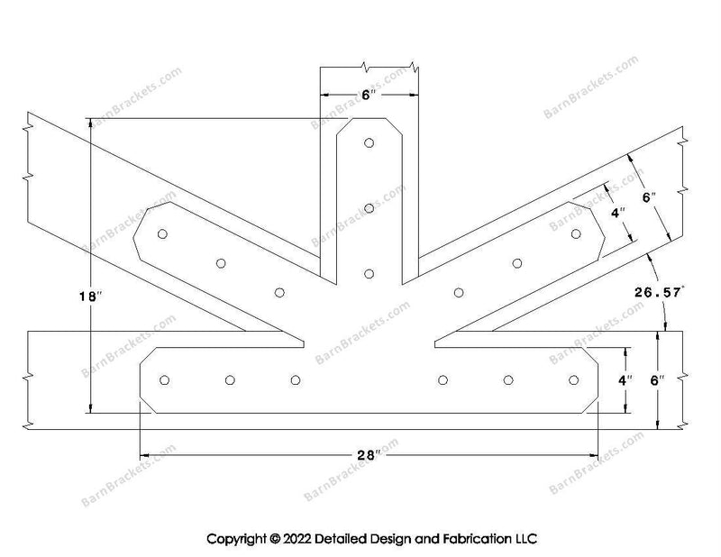 Fan Brackets for 6 inch beams - 4 inch Large centered joint - Chamfered - Centered style holes - BarnBrackets.com