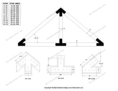 6 inch steel bracket kits for a post and beam truss.  These brackets are for 8 inch timber beams.  King post only truss.  Designed with flush ends and chamfered corners.  Dimensions are for a 10-12 pitch roof.