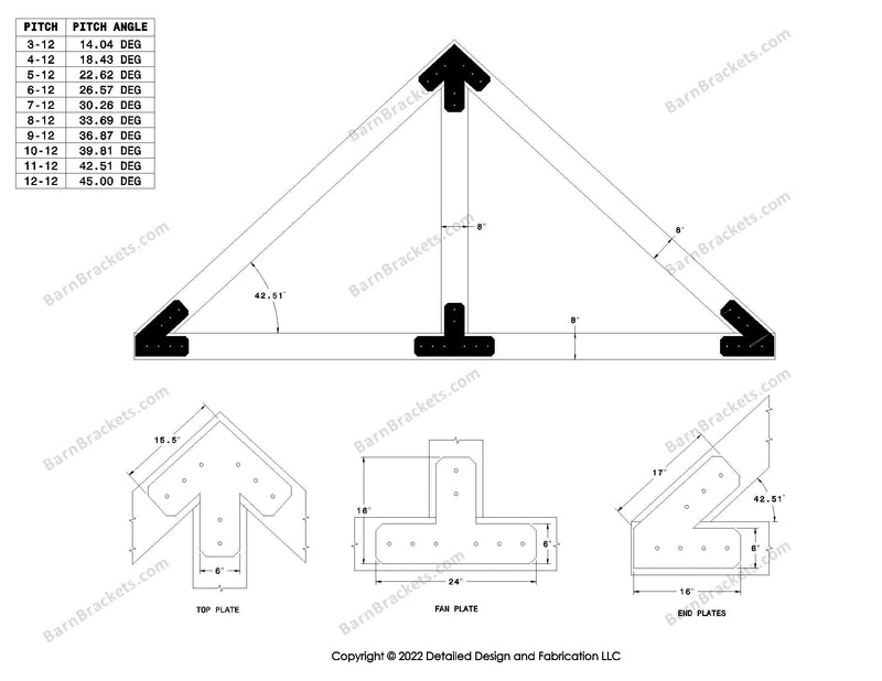 6 inch steel bracket kits for a post and beam truss.  These brackets are for 8 inch timber beams.  King post only truss.  Designed with flush ends and chamfered corners.  Dimensions are for a 11-12 pitch roof.