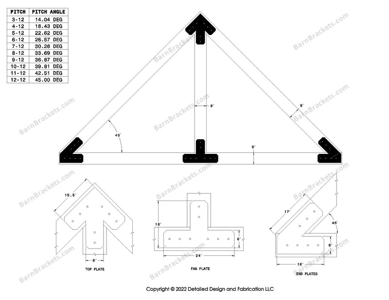 6 inch steel bracket kits for a post and beam truss.  These brackets are for 8 inch timber beams.  King post only truss.  Designed with flush ends and chamfered corners.  Dimensions are for a 12-12 pitch roof.