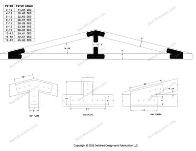 6 inch steel bracket kits for a post and beam truss.  These brackets are for 8 inch timber beams.  King post only truss.  Designed with flush ends and chamfered corners.  Dimensions are for a 3-12 pitch roof.