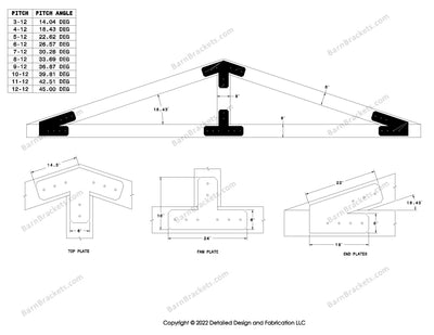 6 inch steel bracket kits for a post and beam truss.  These brackets are for 8 inch timber beams.  King post only truss.  Designed with flush ends and chamfered corners.  Dimensions are for a 4-12 pitch roof.