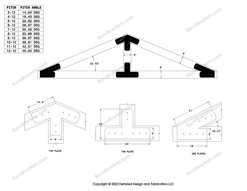 6 inch steel bracket kits for a post and beam truss.  These brackets are for 8 inch timber beams.  King post only truss.  Designed with flush ends and chamfered corners.  Dimensions are for a 5-12 pitch roof.