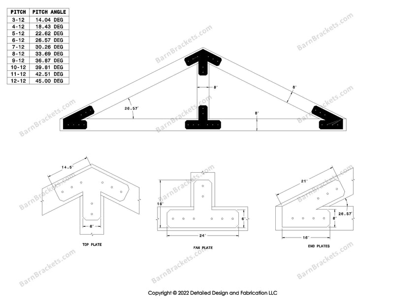 6 inch steel bracket kits for a post and beam truss.  These brackets are for 8 inch timber beams.  King post only truss.  Designed with flush ends and chamfered corners.  Dimensions are for a 6-12 pitch roof.