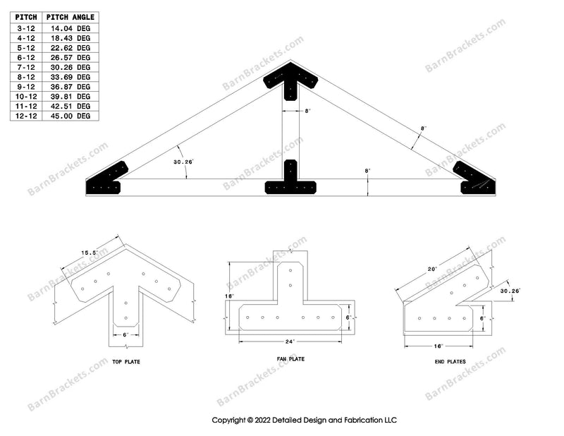 6 inch steel bracket kits for a post and beam truss.  These brackets are for 8 inch timber beams.  King post only truss.  Designed with flush ends and chamfered corners.  Dimensions are for a 7-12 pitch roof.