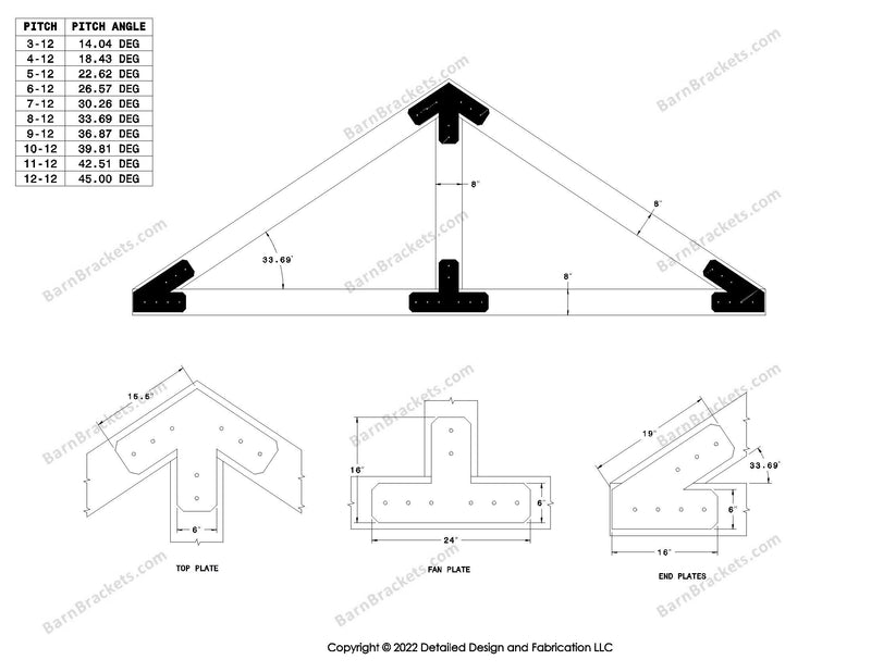 6 inch steel bracket kits for a post and beam truss.  These brackets are for 8 inch timber beams.  King post only truss.  Designed with flush ends and chamfered corners.  Dimensions are for a 8-12 pitch roof.