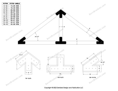 6 inch steel bracket kits for a post and beam truss.  These brackets are for 8 inch timber beams.  King post only truss.  Designed with flush ends and chamfered corners.  Dimensions are for a 9-12 pitch roof.