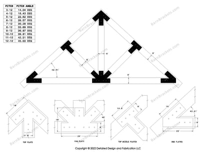 6 inch steel bracket kits for a post and beam truss.  These brackets are for 8 inch timber beams.  King post truss with diagonal chords.  Designed with overhang ends and square corners.  Dimensions are for a 11-12 pitch roof.