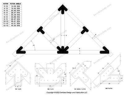 6 inch steel bracket kits for a post and beam truss.  These brackets are for 8 inch timber beams.  King post truss with diagonal chords.  Designed with overhang ends and chamfered corners.  Dimensions are for a 12-12 pitch roof.