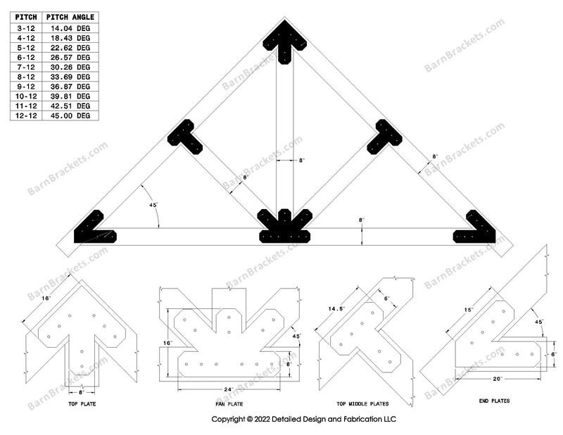 6 inch steel bracket kits for a post and beam truss.  These brackets are for 8 inch timber beams.  King post truss with diagonal chords.  Designed with overhang ends and chamfered corners.  Dimensions are for a 12-12 pitch roof.