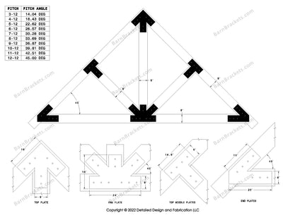 6 inch steel bracket kits for a post and beam truss.  These brackets are for 8 inch timber beams.  King post truss with diagonal chords.  Designed with overhang ends and square corners.  Dimensions are for a 12-12 pitch roof.