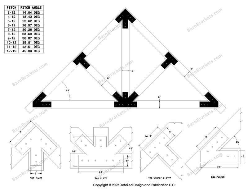 6 inch steel bracket kits for a post and beam truss.  These brackets are for 8 inch timber beams.  King post truss with diagonal chords.  Designed with overhang ends and square corners.  Dimensions are for a 12-12 pitch roof.