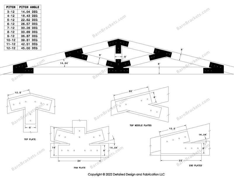 6 inch steel bracket kits for a post and beam truss.  These brackets are for 8 inch timber beams.  King post truss with diagonal chords.  Designed with overhang ends and square corners.  Dimensions are for a 3-12 pitch roof.