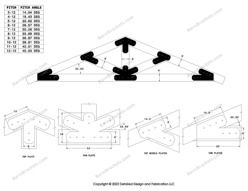 6 inch steel bracket kits for a post and beam truss.  These brackets are for 8 inch timber beams.  King post truss with diagonal chords.  Designed with overhang ends and chamfered corners.  Dimensions are for a 5-12 pitch roof.