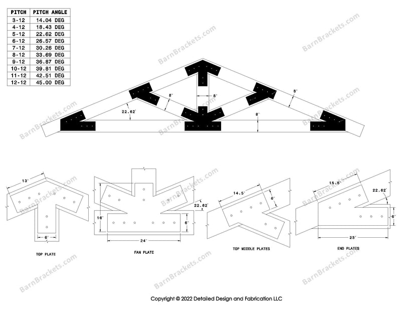 6 inch steel bracket kits for a post and beam truss.  These brackets are for 8 inch timber beams.  King post truss with diagonal chords.  Designed with overhang ends and square corners.  Dimensions are for a 5-12 pitch roof.