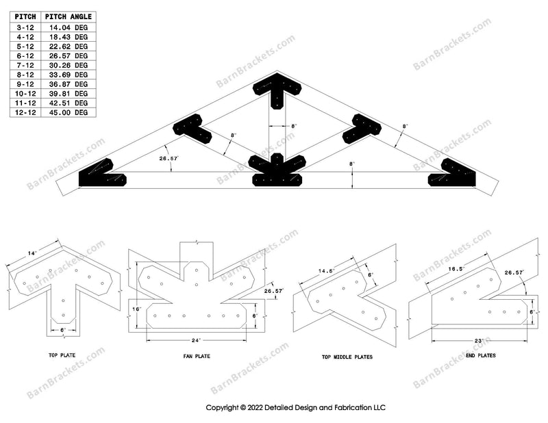 6 inch steel bracket kits for a post and beam truss.  These brackets are for 8 inch timber beams.  King post truss with diagonal chords.  Designed with overhang ends and chamfered corners.  Dimensions are for a 6-12 pitch roof.