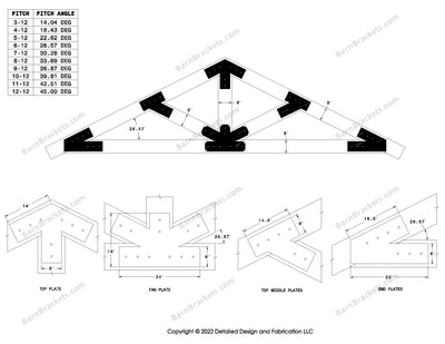 6 inch steel bracket kits for a post and beam truss.  These brackets are for 8 inch timber beams.  King post truss with diagonal chords.  Designed with overhang ends and square corners.  Dimensions are for a 6-12 pitch roof.