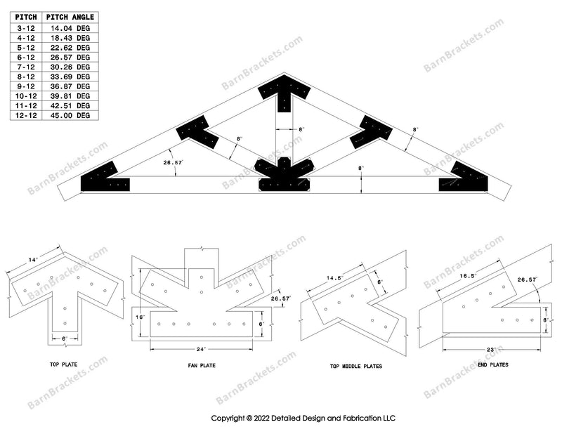 6 inch steel bracket kits for a post and beam truss.  These brackets are for 8 inch timber beams.  King post truss with diagonal chords.  Designed with overhang ends and square corners.  Dimensions are for a 6-12 pitch roof.