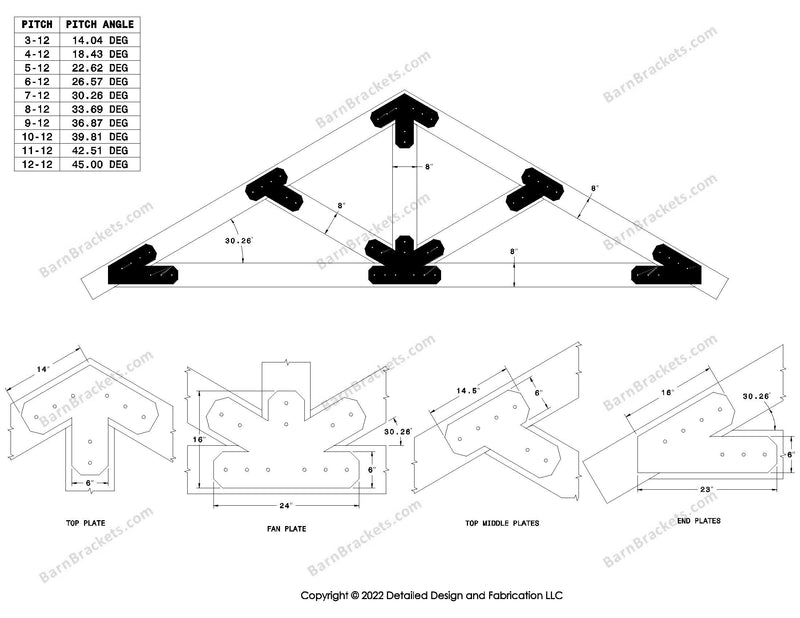 6 inch steel bracket kits for a post and beam truss.  These brackets are for 8 inch timber beams.  King post truss with diagonal chords.  Designed with overhang ends and chamfered corners.  Dimensions are for a 7-12 pitch roof.