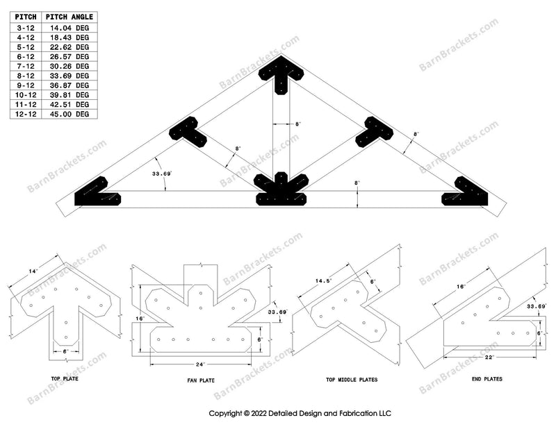 6 inch steel bracket kits for a post and beam truss.  These brackets are for 8 inch timber beams.  King post truss with diagonal chords.  Designed with overhang ends and chamfered corners.  Dimensions are for a 8-12 pitch roof.