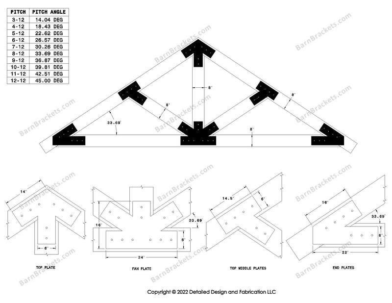 6 inch steel bracket kits for a post and beam truss.  These brackets are for 8 inch timber beams.  King post truss with diagonal chords.  Designed with overhang ends and square corners.  Dimensions are for a 8-12 pitch roof.