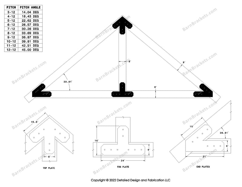 6 inch steel bracket kits for a post and beam truss.  These brackets are for 8 inch timber beams.  King post only truss.  Designed with overhang ends and chamfered corners.  Dimensions are for a 10-12 pitch roof.