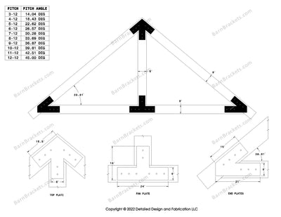 6 inch steel bracket kits for a post and beam truss.  These brackets are for 8 inch timber beams.  King post only truss.  Designed with overhang ends and square corners.  Dimensions are for a 10-12 pitch roof.