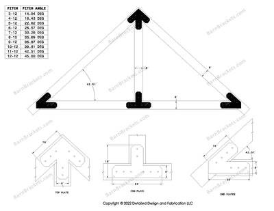 6 inch steel bracket kits for a post and beam truss.  These brackets are for 8 inch timber beams.  King post only truss.  Designed with overhang ends and chamfered corners.  Dimensions are for a 11-12 pitch roof.