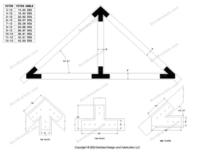 6 inch steel bracket kits for a post and beam truss.  These brackets are for 8 inch timber beams.  King post only truss.  Designed with overhang ends and square corners.  Dimensions are for a 11-12 pitch roof.