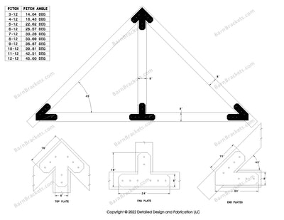 6 inch steel bracket kits for a post and beam truss.  These brackets are for 8 inch timber beams.  King post only truss.  Designed with overhang ends and chamfered corners.  Dimensions are for a 12-12 pitch roof.