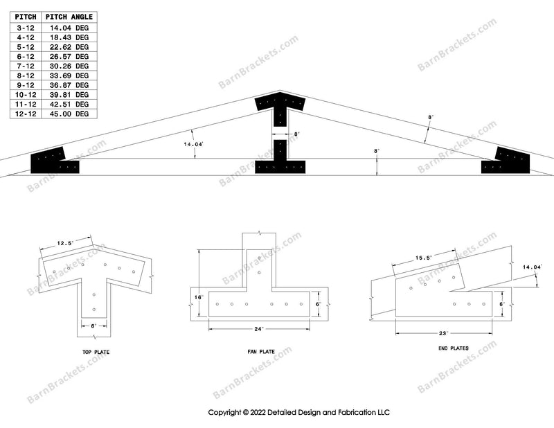 6 inch steel bracket kits for a post and beam truss.  These brackets are for 8 inch timber beams.  King post only truss.  Designed with overhang ends and square corners.  Dimensions are for a 3-12 pitch roof.