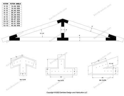 6 inch steel bracket kits for a post and beam truss.  These brackets are for 8 inch timber beams.  King post only truss.  Designed with overhang ends and square corners.  Dimensions are for a 4-12 pitch roof.