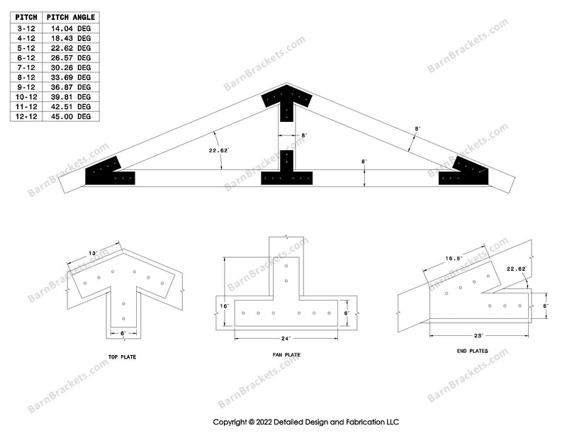 6 inch steel bracket kits for a post and beam truss.  These brackets are for 8 inch timber beams.  King post only truss.  Designed with overhang ends and square corners.  Dimensions are for a 5-12 pitch roof.