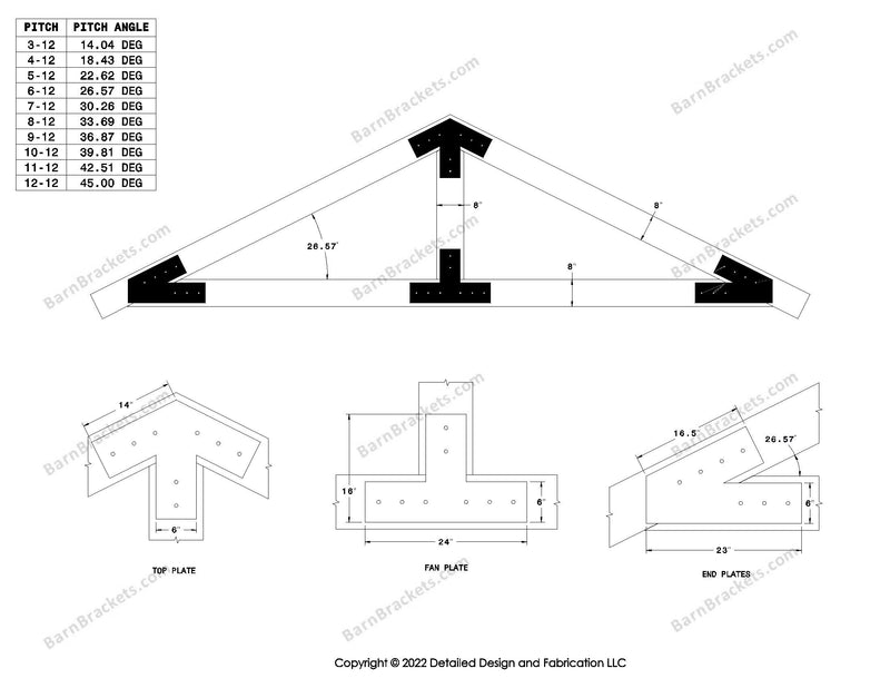 6 inch steel bracket kits for a post and beam truss.  These brackets are for 8 inch timber beams.  King post only truss.  Designed with overhang ends and square corners.  Dimensions are for a 6-12 pitch roof.