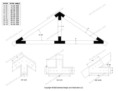 6 inch steel bracket kits for a post and beam truss.  These brackets are for 8 inch timber beams.  King post only truss.  Designed with overhang ends and square corners.  Dimensions are for a 8-12 pitch roof.