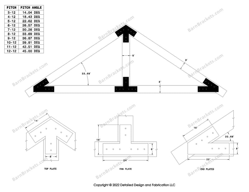 6 inch steel bracket kits for a post and beam truss.  These brackets are for 8 inch timber beams.  King post only truss.  Designed with overhang ends and square corners.  Dimensions are for a 8-12 pitch roof.