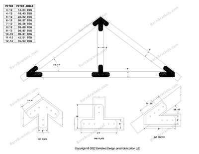 6 inch steel bracket kits for a post and beam truss.  These brackets are for 8 inch timber beams.  King post only truss.  Designed with overhang ends and chamfered corners.  Dimensions are for a 9-12 pitch roof.