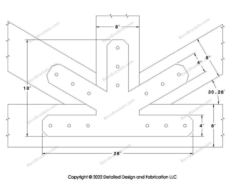 Fan Brackets for 8 inch beams - 4 inch Large centered joint - Chamfered - Centered style holes - BarnBrackets.com