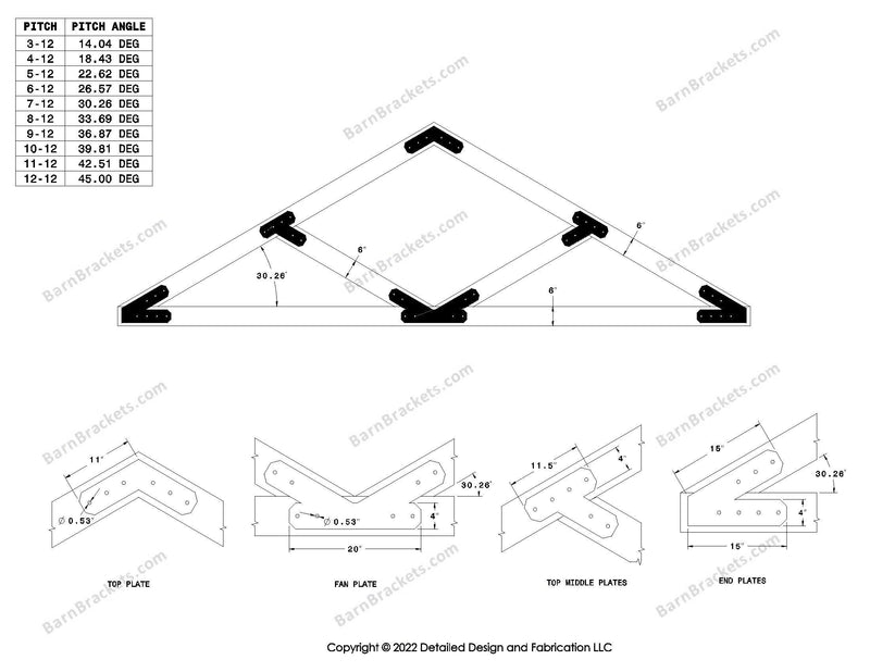 4 inch V style timber truss bracket set  for a 7-12 pitch roof with chamfered ends.