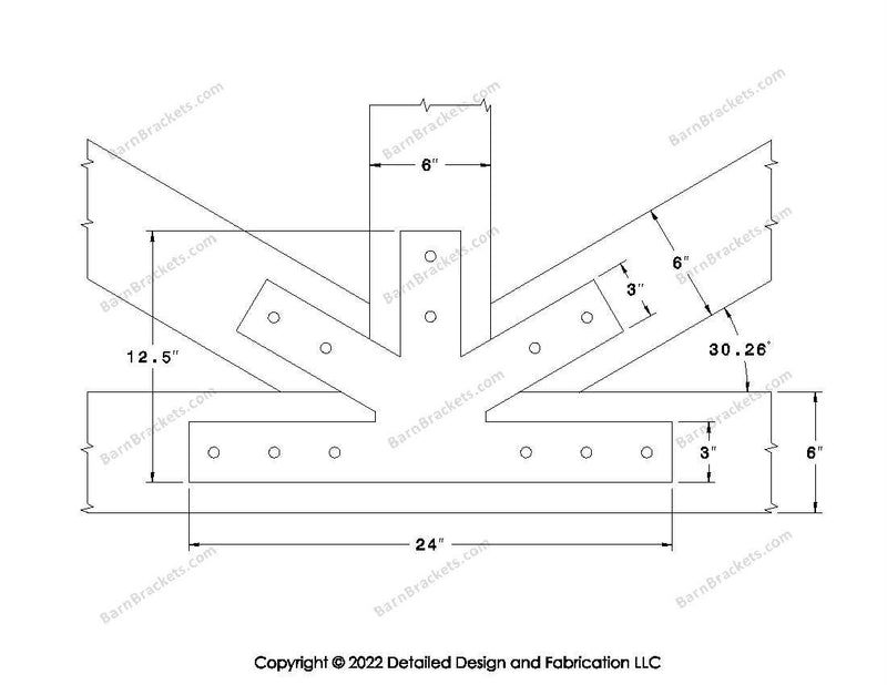 Fan Brackets for 6 inch beams - 3 inch Wide Centered joint - Square - Centered style holes - BarnBrackets.com