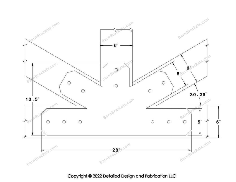 Fan Brackets for 6 inch beams - 5 inch Wide centered joint - Chamfered - Centered style holes - BarnBrackets.com