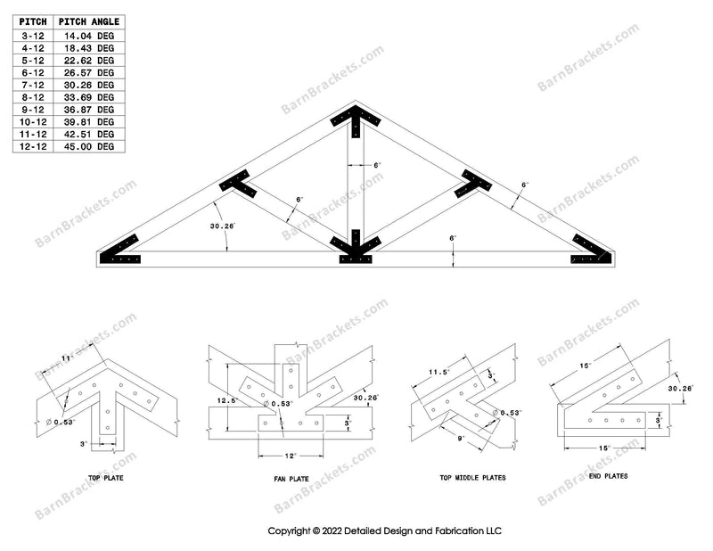 Steel post and beam truss bracket set for a 7/12 pitch roof.