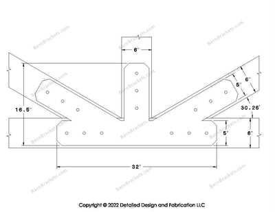 Fan Brackets for 6 inch beams - 5 inch Large offset bottom joint - Chamfered - Centered style holes - BarnBrackets.com