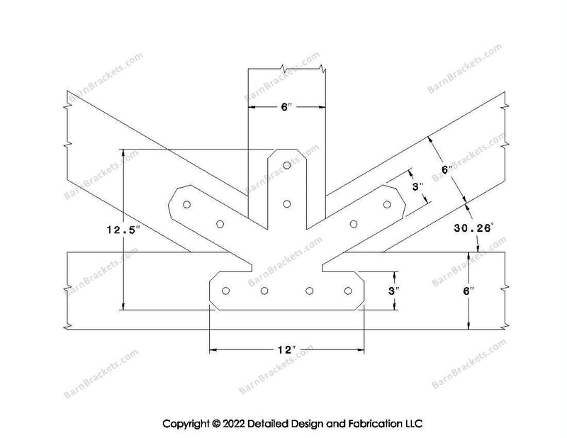 Fan Brackets for 6 inch beams - 3 inch Regular centered joint - Chamfered - Centered style holes - BarnBrackets.com