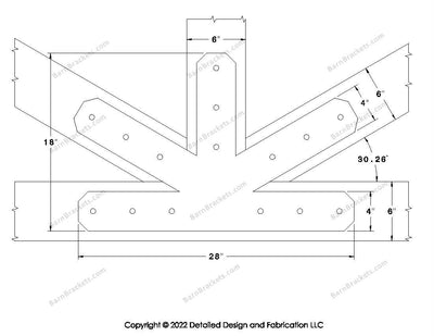 Fan Brackets for 6 inch beams - 4 inch Large centered joint - Chamfered - Centered style holes - BarnBrackets.com