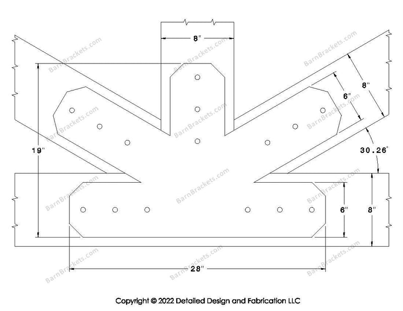 Fan Brackets for 8 inch beams - 6 inch Large centered joint - Chamfered - Centered style holes - BarnBrackets.com