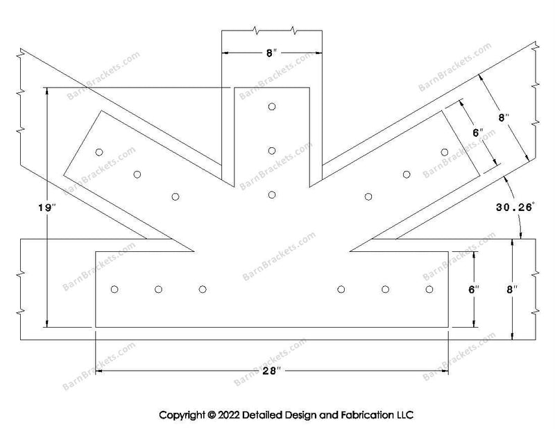 Fan Brackets for 8 inch beams - 6 inch Large centered joint - Square - Centered style holes - BarnBrackets.com