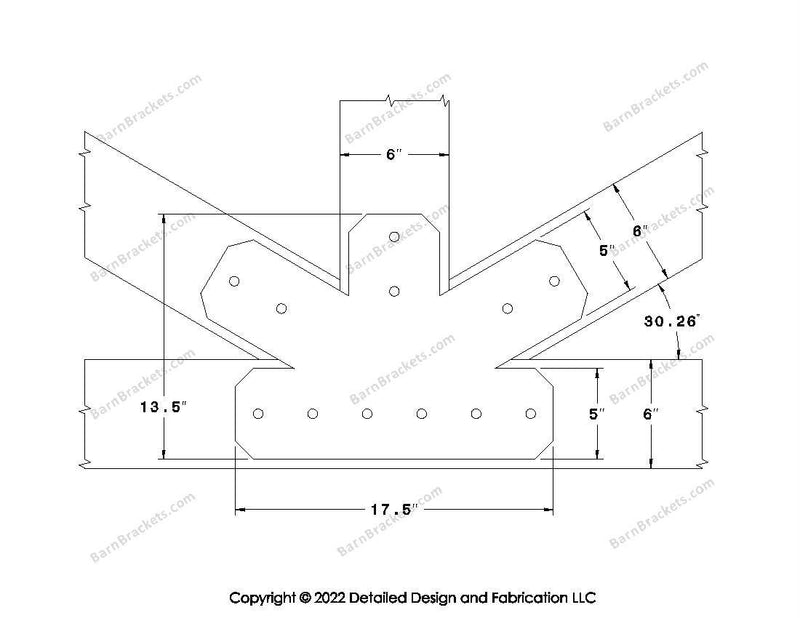 Fan Brackets for 6 inch beams - 5 inch Regular centered joint - Chamfered - Centered style holes - BarnBrackets.com